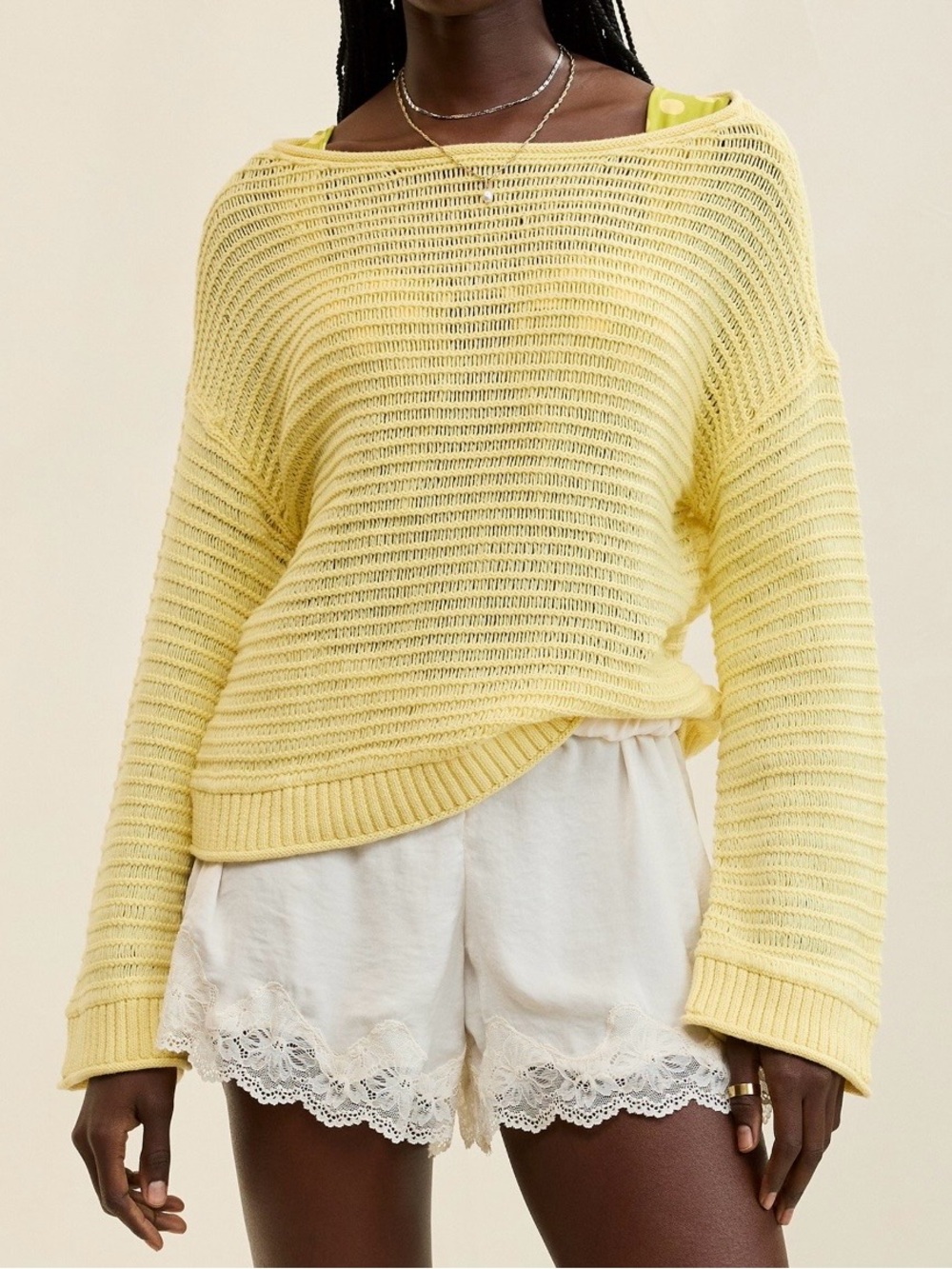 aerie Pale Yellow Off-the-Shoulder Knit Sweater